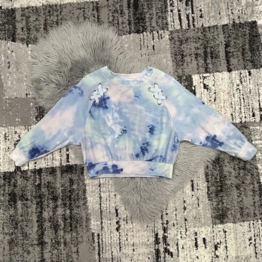 Justice Youth Girls Multi-Blue Velour Drop Shoulder Pullover SweatShirt Size 12